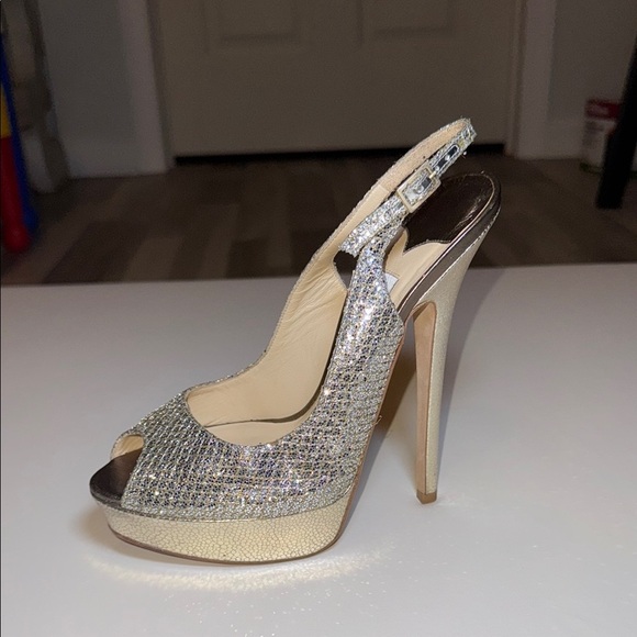 Jimmy Choo Glitter Fabric Champagne Peep Toe Sling Back Heel Size 37 Authentic - Picture 7 of 16